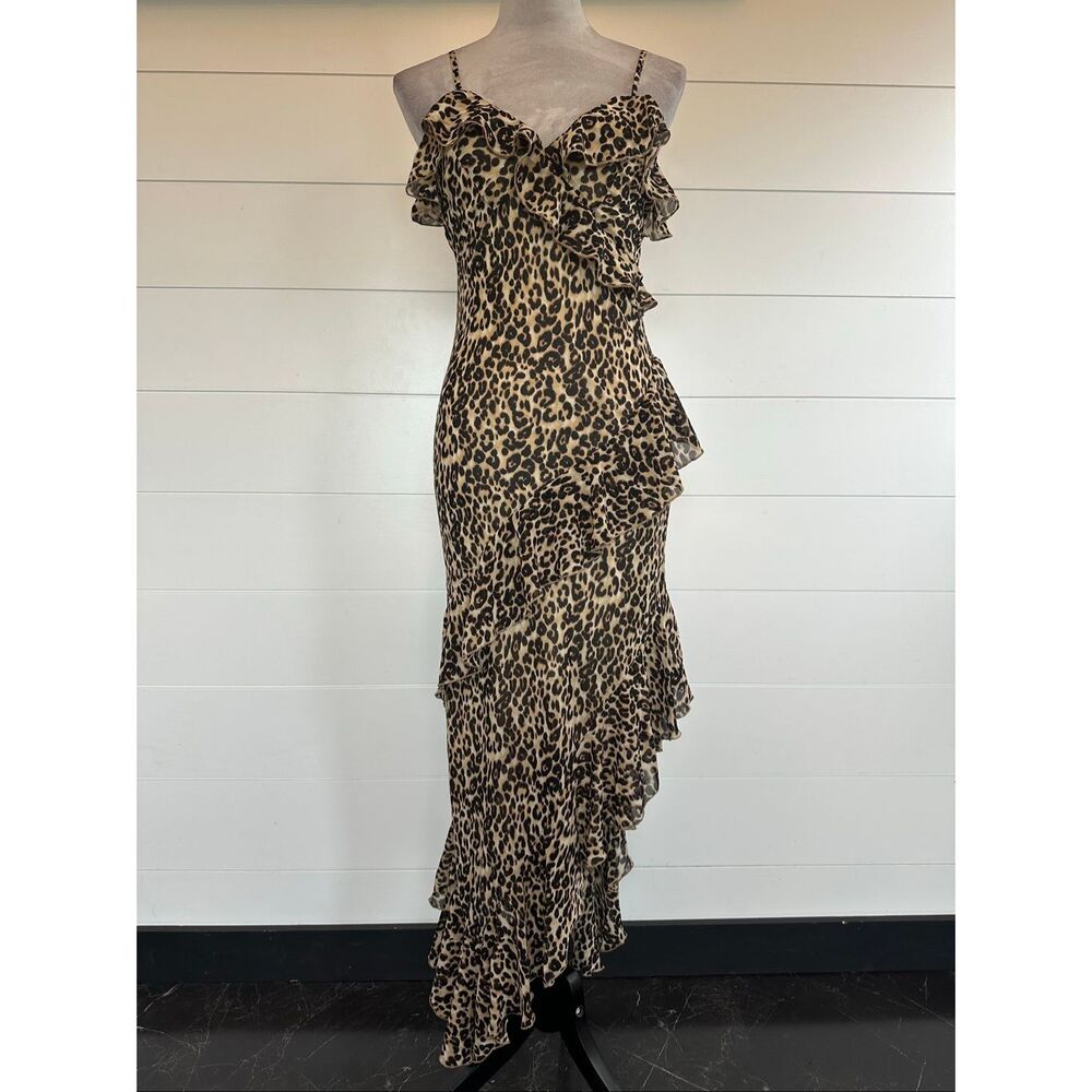 Paris Hilton Leopard Print Ruffle Slip Dress - Tan/Black Sz Small NWT